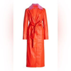 STAUD Vegan Leather Trenchcoat with Pink Faux Fur Collar